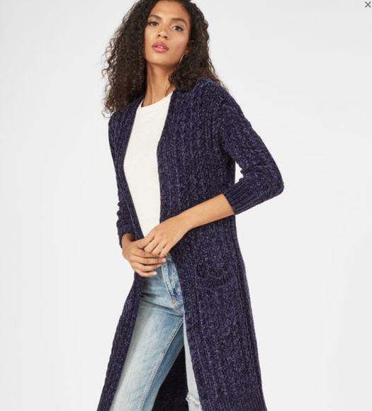 JustFab Sweaters - Long Blue Chenille Cardigan with Pockets Size XL